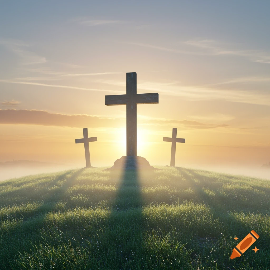 Three crosses on a grassy hill silhouetted against a radiant sunrise or sunset sky, with misty foreground.