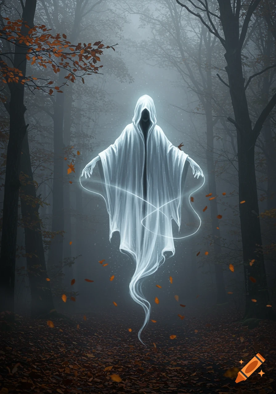 A luminous white hooded ghost floats in a misty autumn forest. Orange leaves are scattered on the ground and falling through the air.