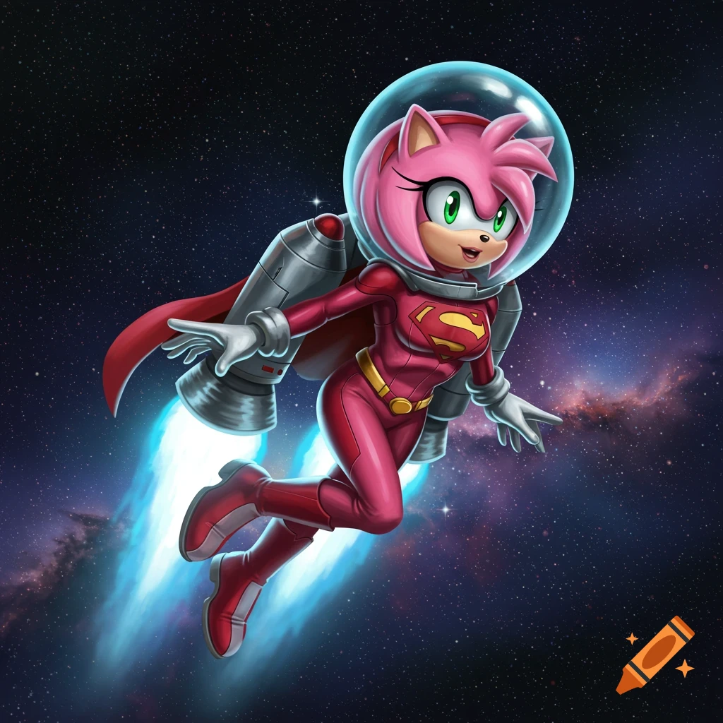 Amy Rose in a red Superman-like suit with a jetpack and bubble helmet, flying through space.