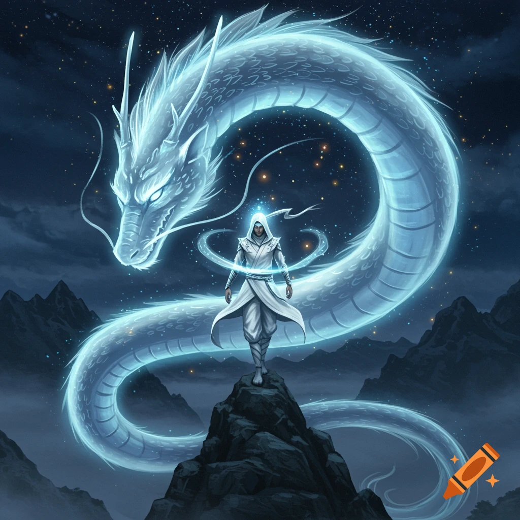 A robed figure stands on a rock, with a large, glowing, translucent blue dragon forming a circle around them in a starry night sky.