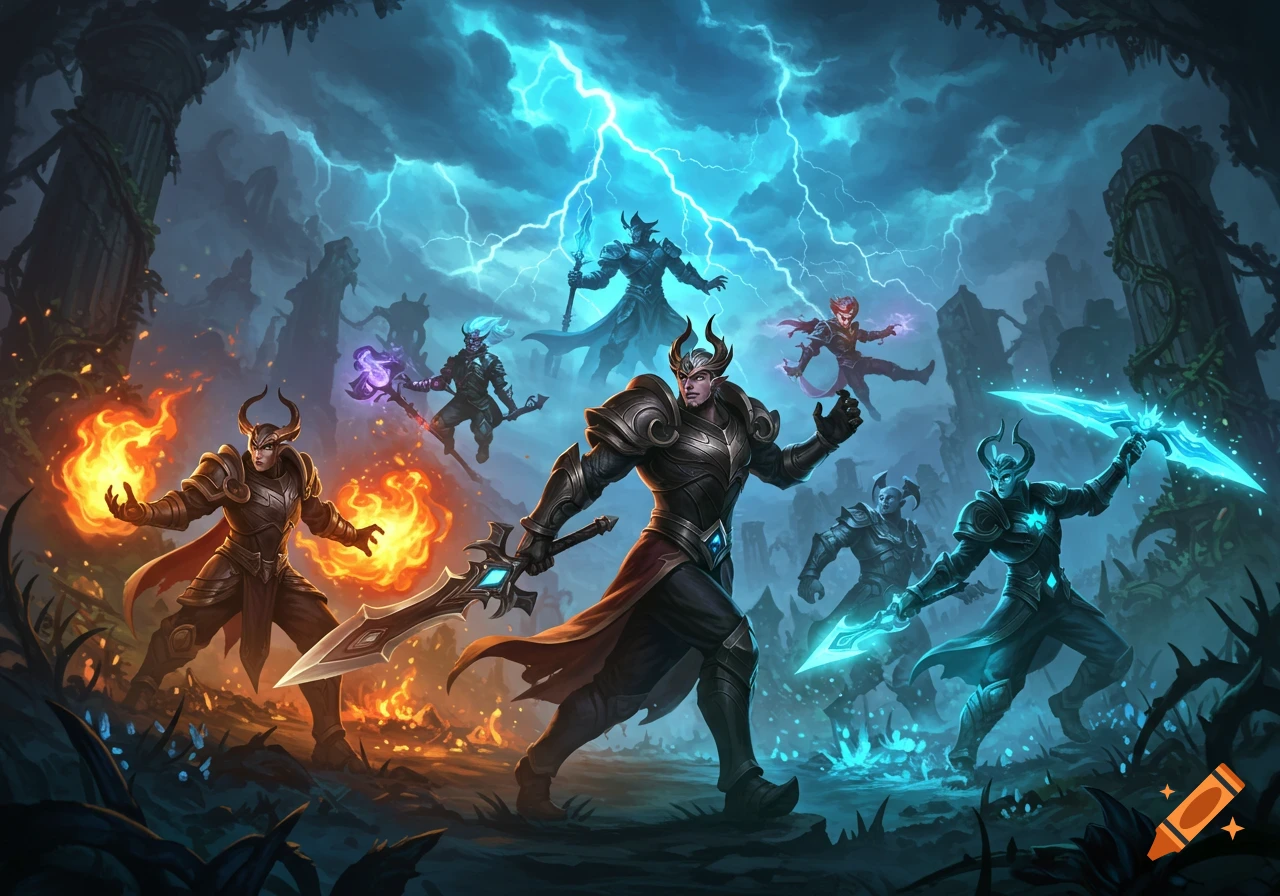 Group of fantasy warriors and mages with glowing fire and lightning powers in a stormy, ruined landscape, digital art style.