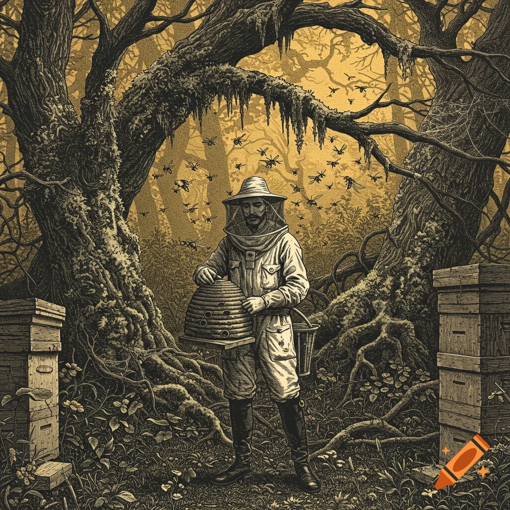 A beekeeper in a full suit holds a skep hive amidst a swarm of bees in a dark, gnarled forest, depicted in an old engraving style.
