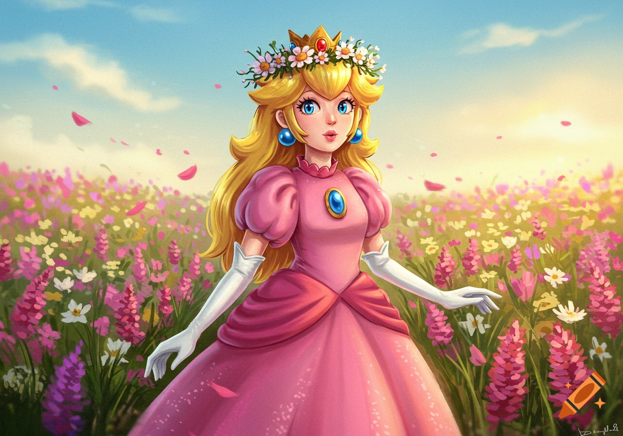 Princess Peach stands in a vibrant flower meadow with a flower crown, pink dress, and light blue sky.