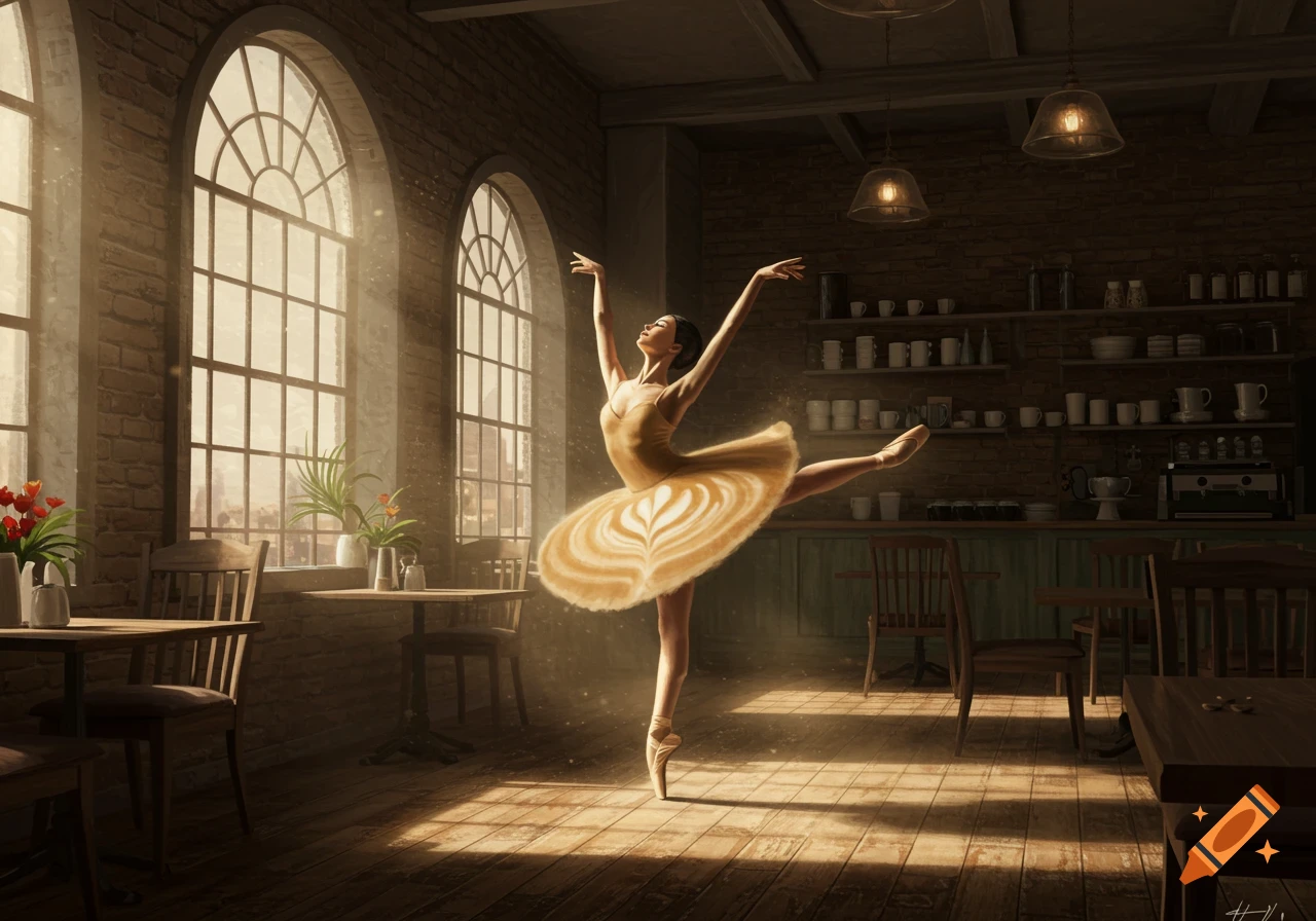 A ballerina in a coffee shop, with her tutu made of latte art, striking a pose in a beam of sunlight.