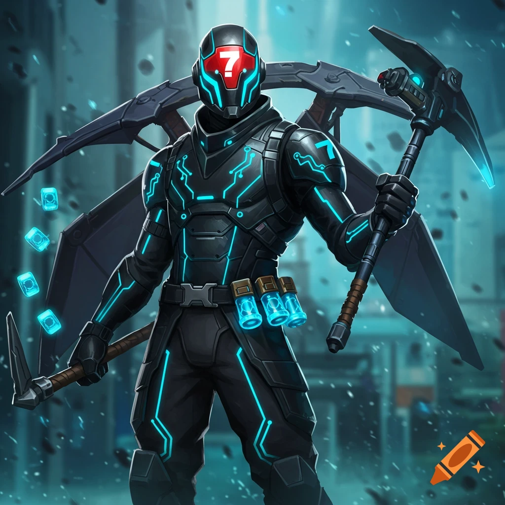 A futuristic armored character in black with glowing blue circuits and a red '7' on the helmet, holding a high-tech pickaxe, in a sci-fi setting.