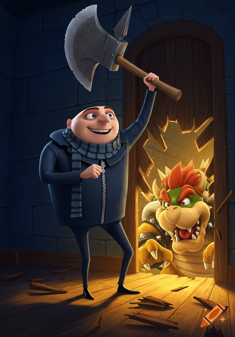 Gru, with an axe, smiles after breaking a wooden door, revealing a scared Bowser peeking through. Cartoon style.