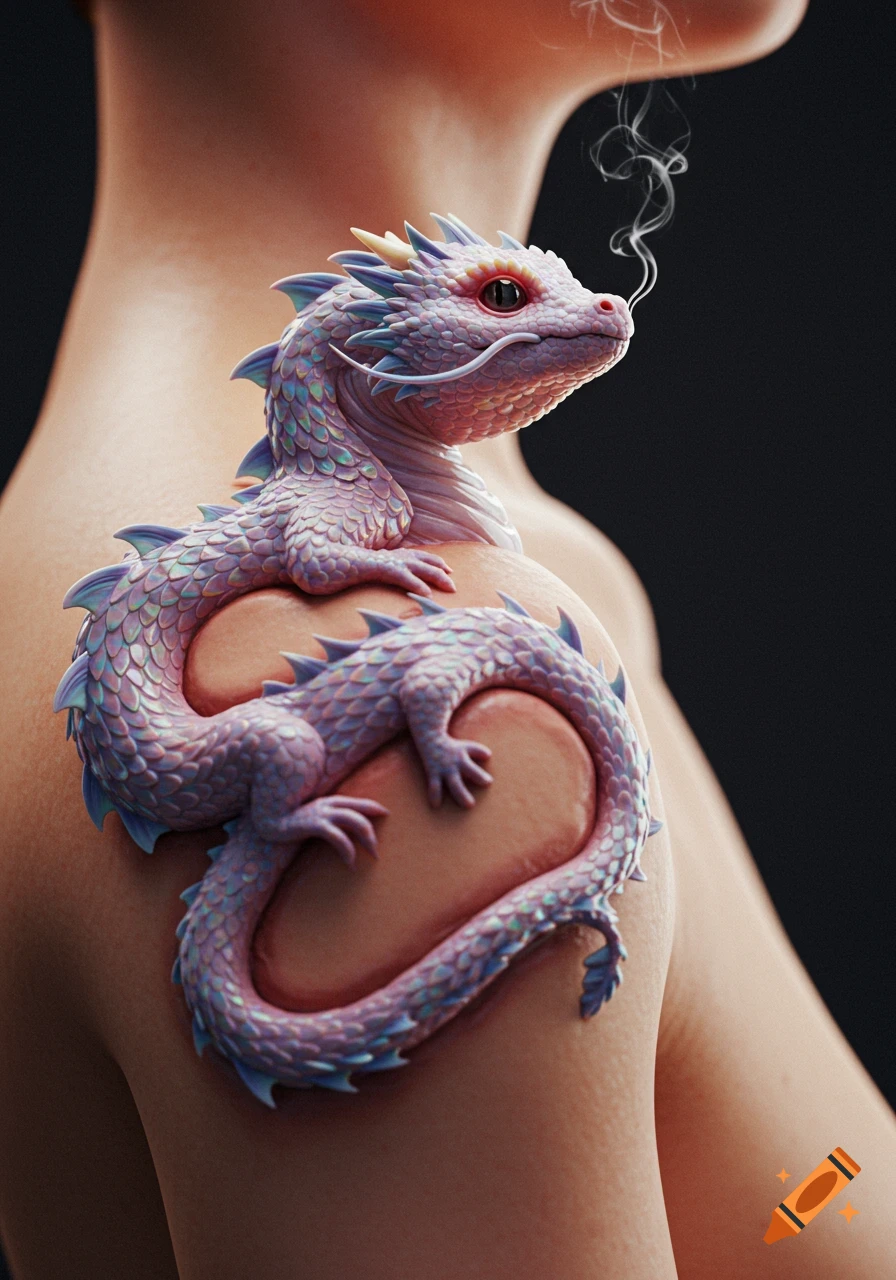 A highly detailed, photorealistic image of a pink and blue iridescent dragon emerging from a person's shoulder, with smoke coming from its nose.