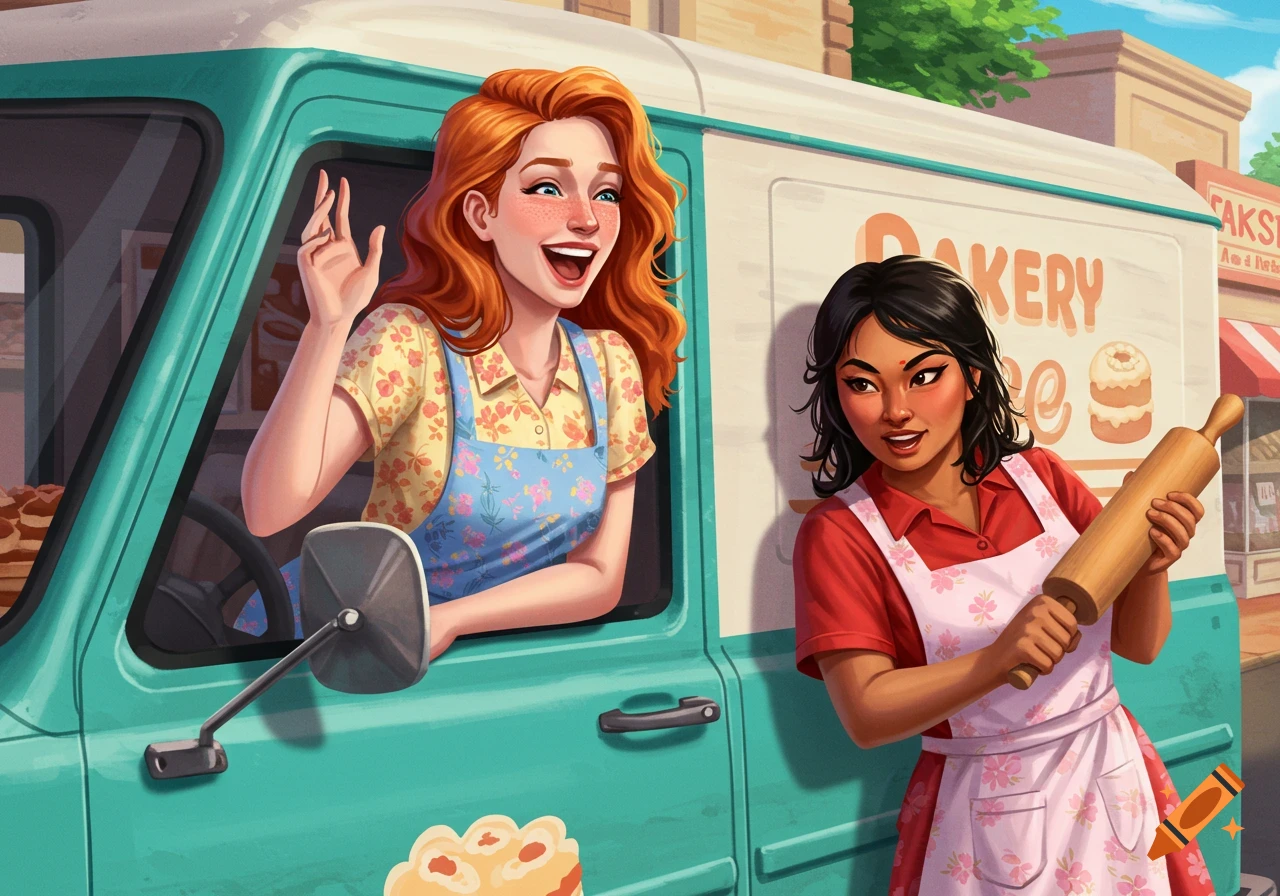 Two women with aprons by a bakery delivery van. One with red hair smiles and waves from the driver's window. The other, with dark hair, holds a rolling pin beside the van.