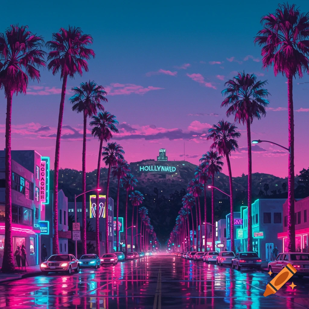 Vibrant neon-lit city street with palm trees and reflections on wet asphalt, under a pink and blue sky, with a Hollywood-like sign in the distance.