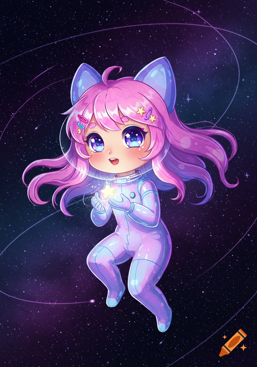 A cute chibi anime girl with pink hair and cat ears in a purple space suit floats in space, holding a glowing star.
