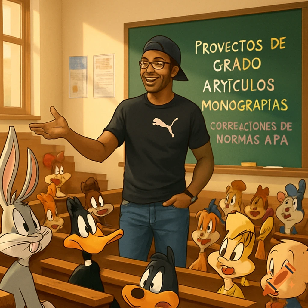 A smiling male professor in a black Puma shirt and cap teaches a class of Looney Tunes characters in a university classroom. Text on the blackboard lists topics like "PROYECTOS DE GRADO."