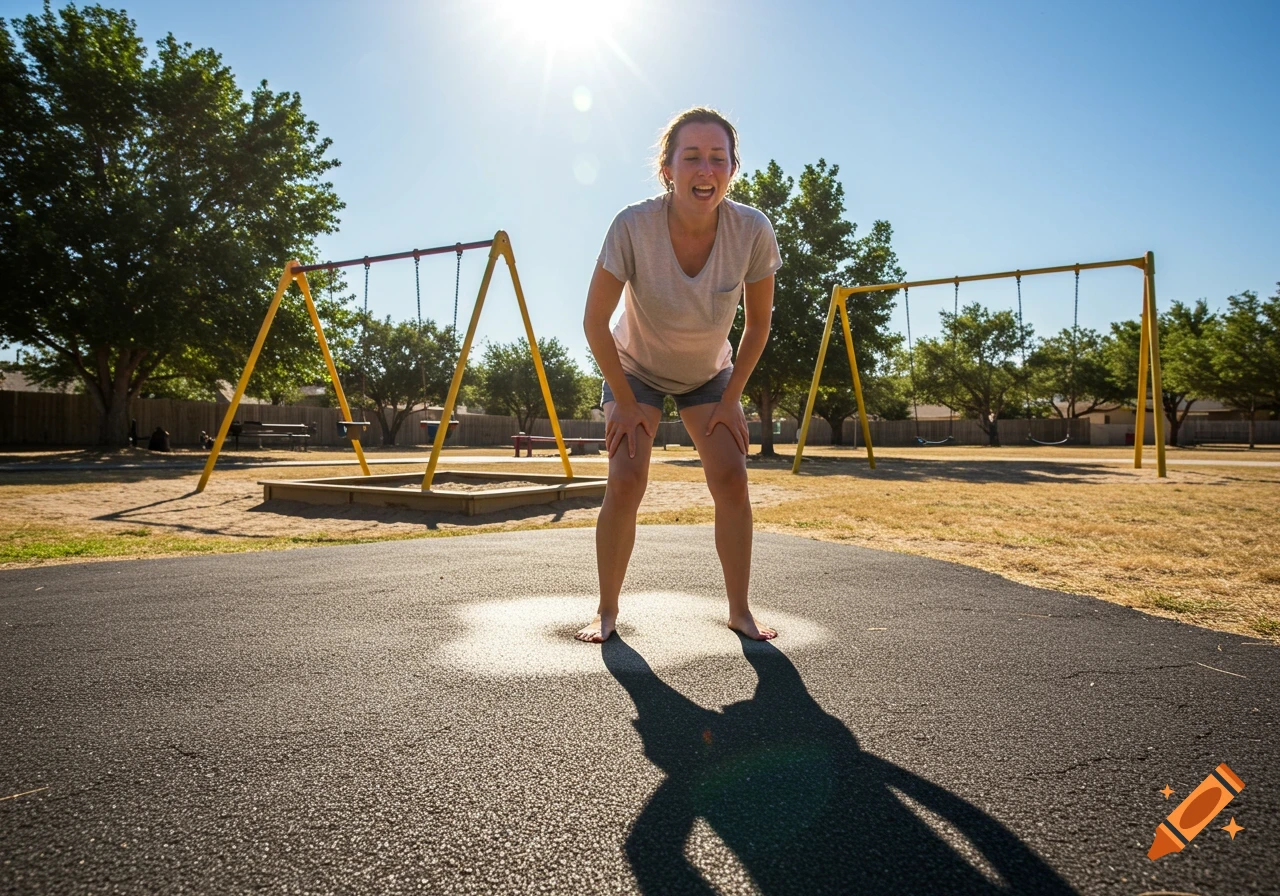 A woman bends over with her hands on her knees, appearing exhausted and hot on a sunny playground, with a wet spot on the asphalt beneath her.