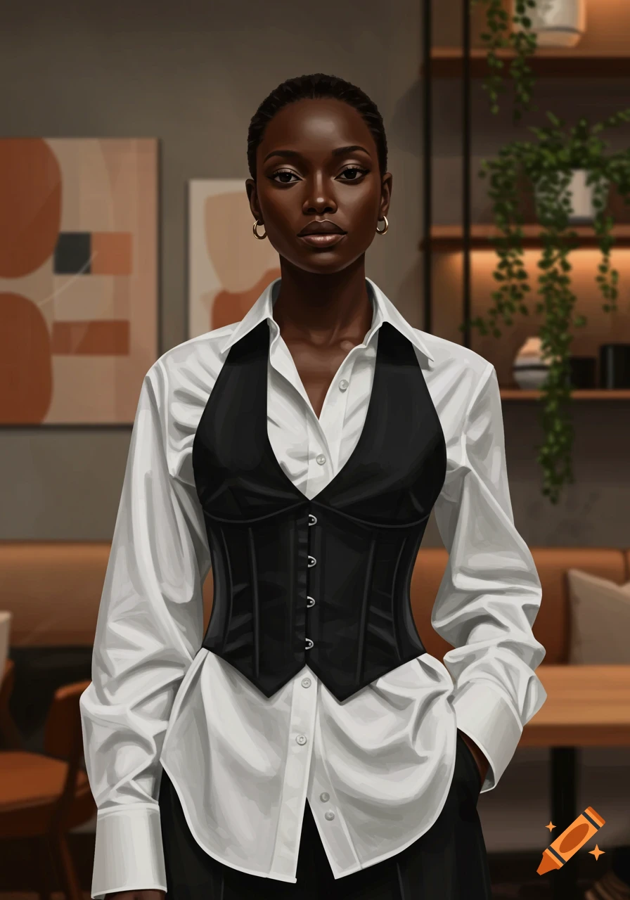 A Black woman in a white button-up shirt and black corset vest stands in an indoor setting with abstract art and plants.