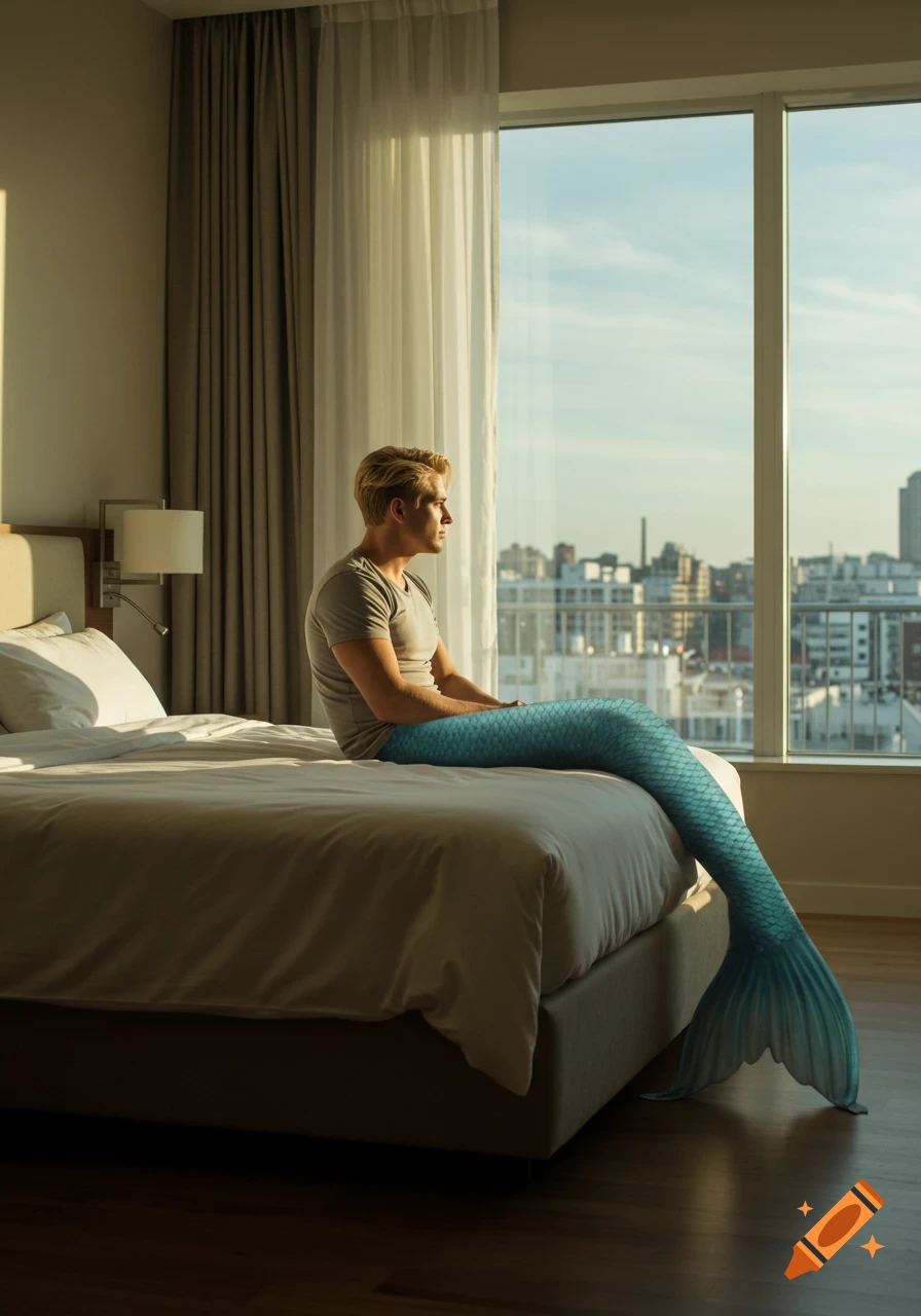 A blond-haired merman wearing a T-shirt sits on a hotel room bed, looking out a window at a cityscape.