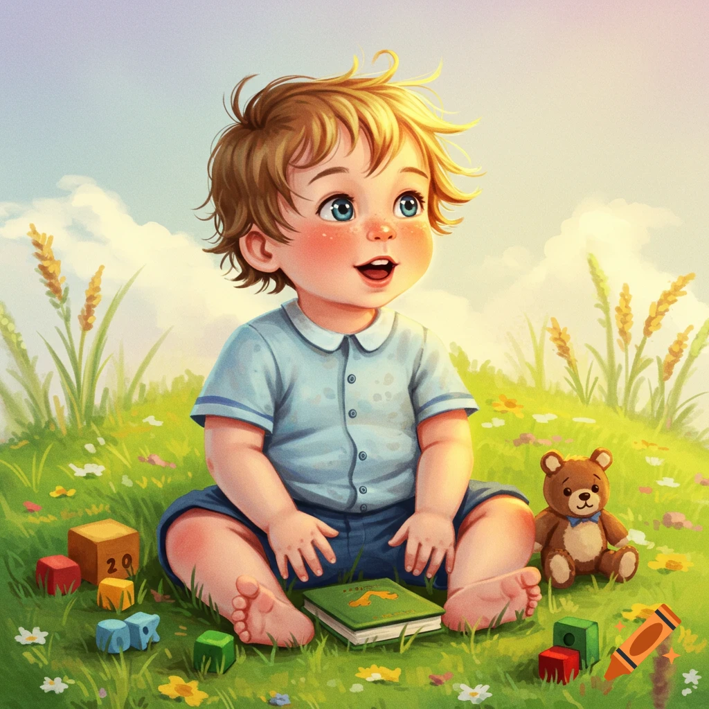An adorable cartoon baby with blonde hair and blue eyes sits happily in a grassy field with a teddy bear, building blocks, and a book.