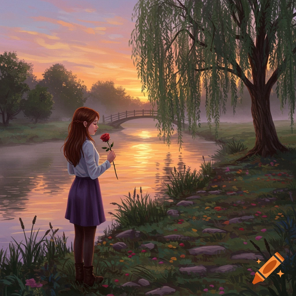 An illustrative image of a girl holding a red rose by a river at sunset, with a bridge and a weeping willow.