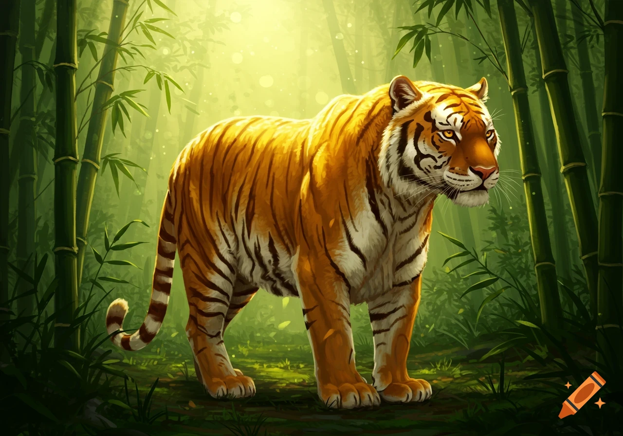 A stylized golden tiger stands in a vibrant, sunlit bamboo forest.