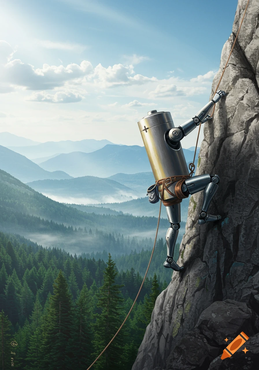 A cylindrical battery-robot with robotic limbs climbs a steep rock face using a rope harness, with a vast misty mountain landscape and sky in the background.