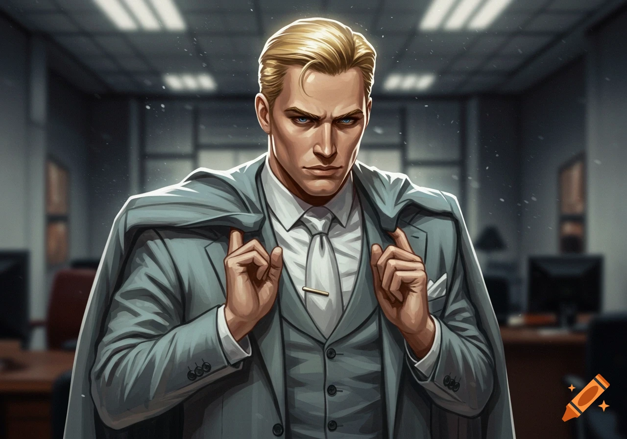 Illustrated man with blonde hair and blue eyes, wearing a grey suit and tie, with his jacket draped over his shoulders, standing in an office.