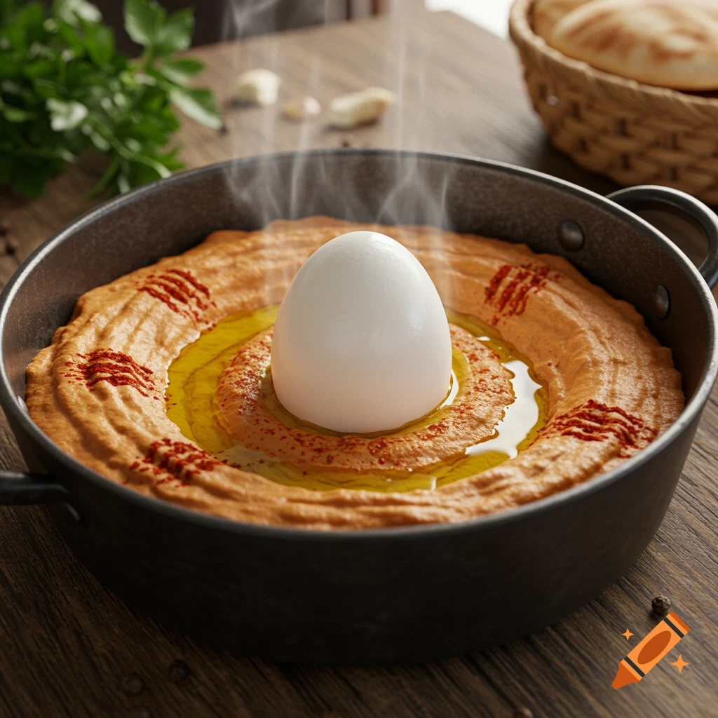 A warm skillet of hummus, topped with olive oil, paprika, and a hard-boiled egg, with steam rising.