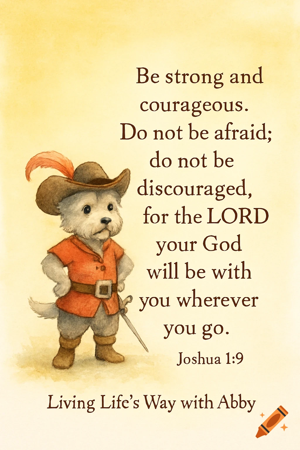 A whimsical storybook illustration of a white terrier wearing a swashbuckling outfit, feathered hat, and holding a sword. Beside it is the Bible verse Joshua 1:9, all on a soft yellow watercolor background.