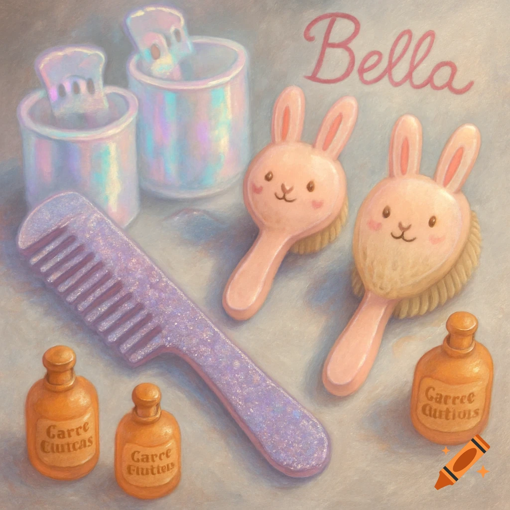 A close-up illustration of pastel-colored grooming tools including hair curlers, a glittery purple comb, two bunny-themed brushes, and three small bottles, with the name "Bella" at the top right.