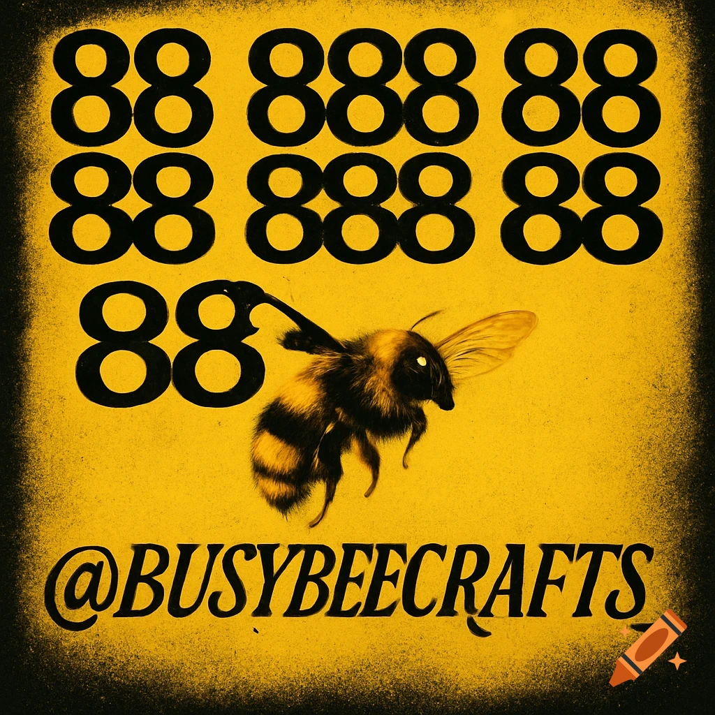 A vibrant yellow background with black numbers "88 888 88" repeated across the top, and a fluffy bumblebee flying below them. The text "@BUSYBEECRAFTS_" is visible at the bottom.