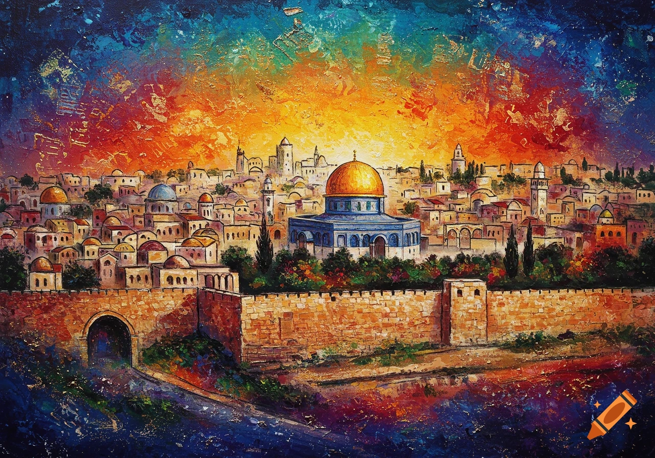 A vibrant abstract painting of Jerusalem's Old City at sunset, featuring stone walls, domed buildings, and the golden Dome of the Rock under a colorful sky.