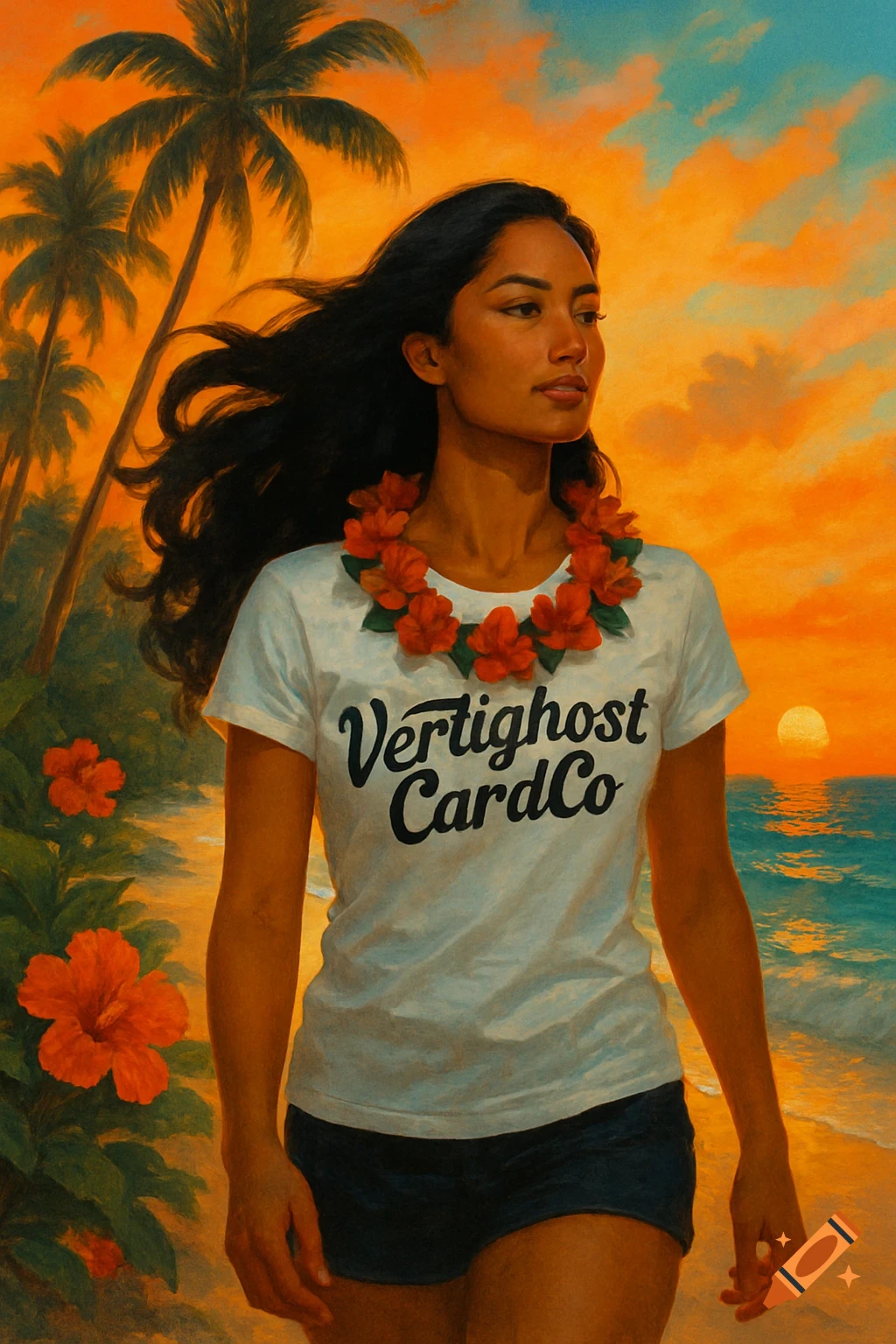 A painterly illustration of a Hawaiian woman walking on a beach at sunset, wearing a white t-shirt with 'Vertighost CardCo' on it, and a lei of red flowers.