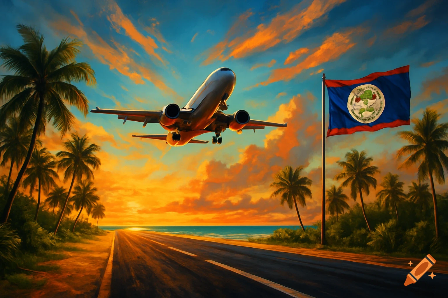 A large passenger airplane takes off from a runway lined with palm trees next to the ocean, under a dramatic orange and blue sunset sky, with the flag of Belize waving on the right.