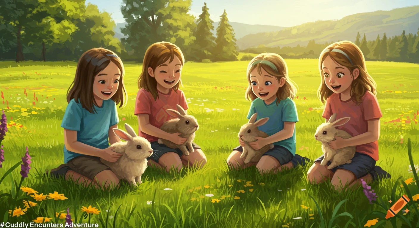 Four young girls kneel in a sunny green field, each holding or petting a small bunny, in an illustrative style.