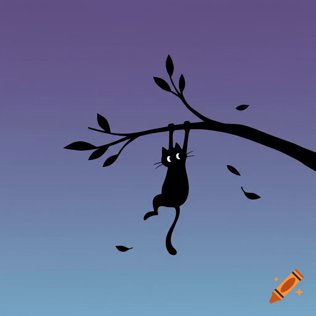 A black cartoon cat silhouette hangs from a tree branch against a purple and blue gradient sky. Minimalist illustration.