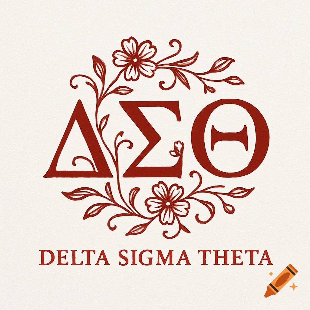 A red logo featuring the Greek letters Delta Sigma Theta, surrounded by elegant floral designs, with 'DELTA SIGMA THETA' text below, on a cream background.