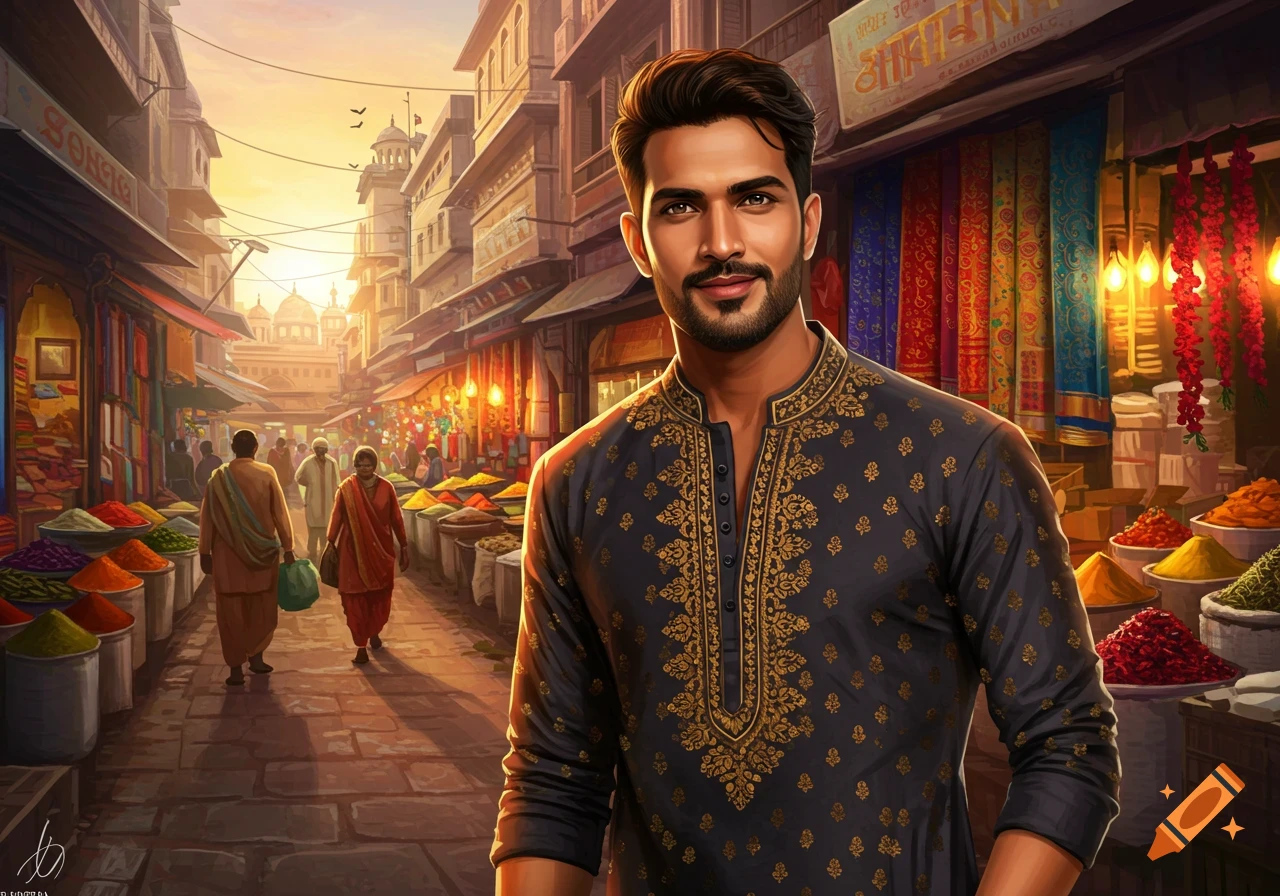 A man in a black kurta with gold embroidery stands smiling in a vibrant Indian market street at sunset.