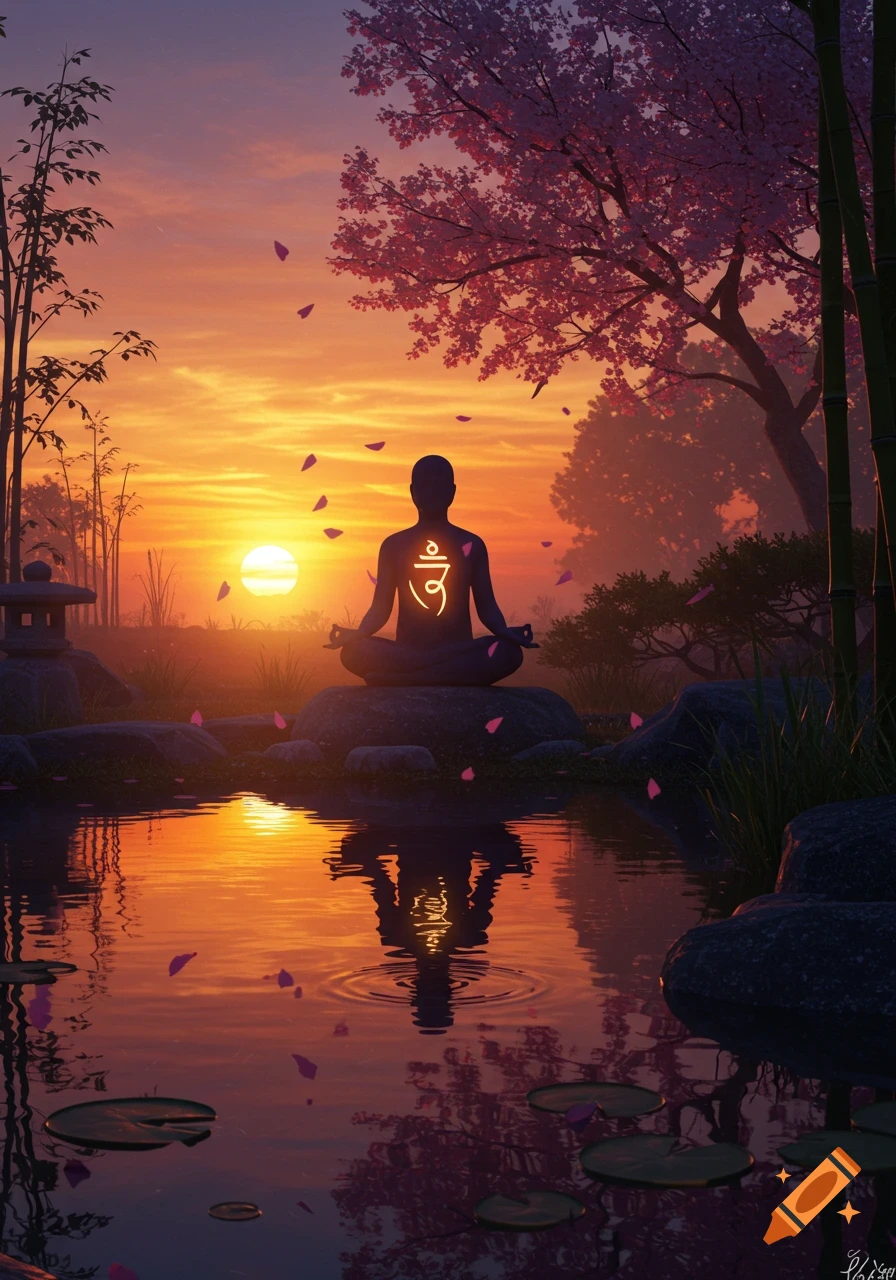 A silhouette meditates on a rock by a pond at sunset, with a glowing Om symbol on their chest, surrounded by cherry blossoms and bamboo.