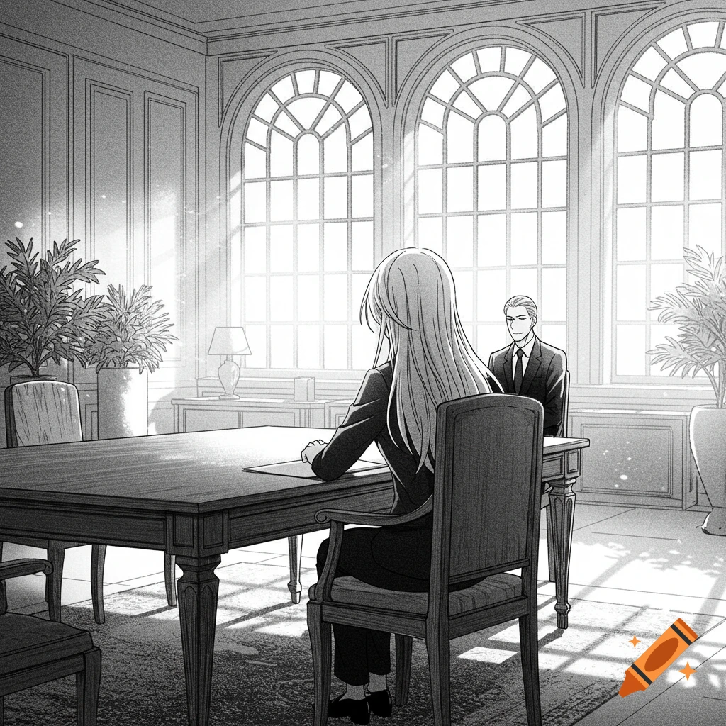 A manga-style panel shows a person with long hair seen from the back, sitting at a table in a bright room, with another person sitting opposite.