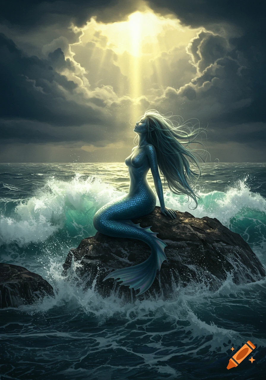 A beautiful mermaid sits on a dark rock in a stormy ocean, bathed in a sunbeam from ominous clouds.