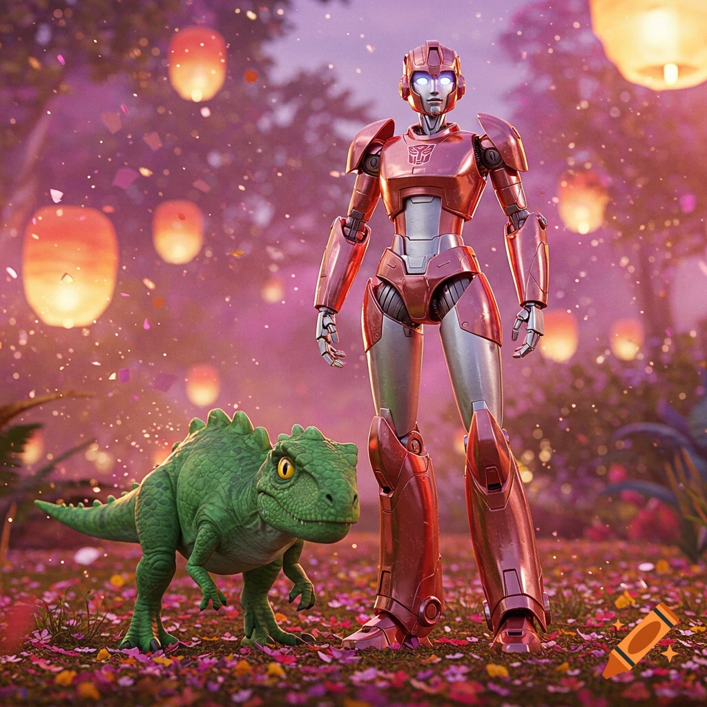 A pink-hued robot stands beside a green dinosaur in a magical forest with glowing lanterns and falling petals.