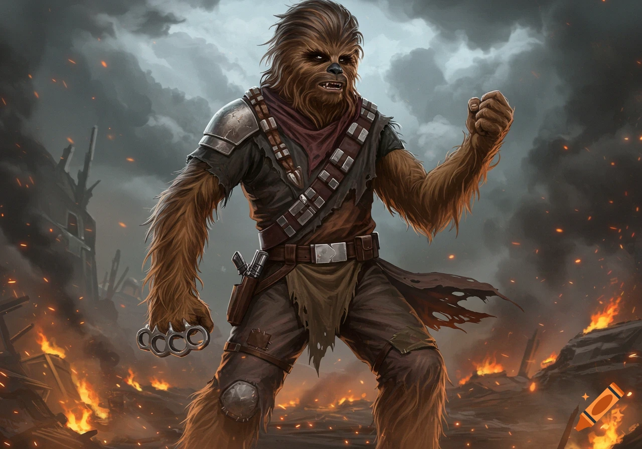 A fierce Wookiee stands amidst a fiery, war-torn landscape, wearing worn clothing, shoulder armor, and brass knuckles, clenching a fist. Digital painting style.