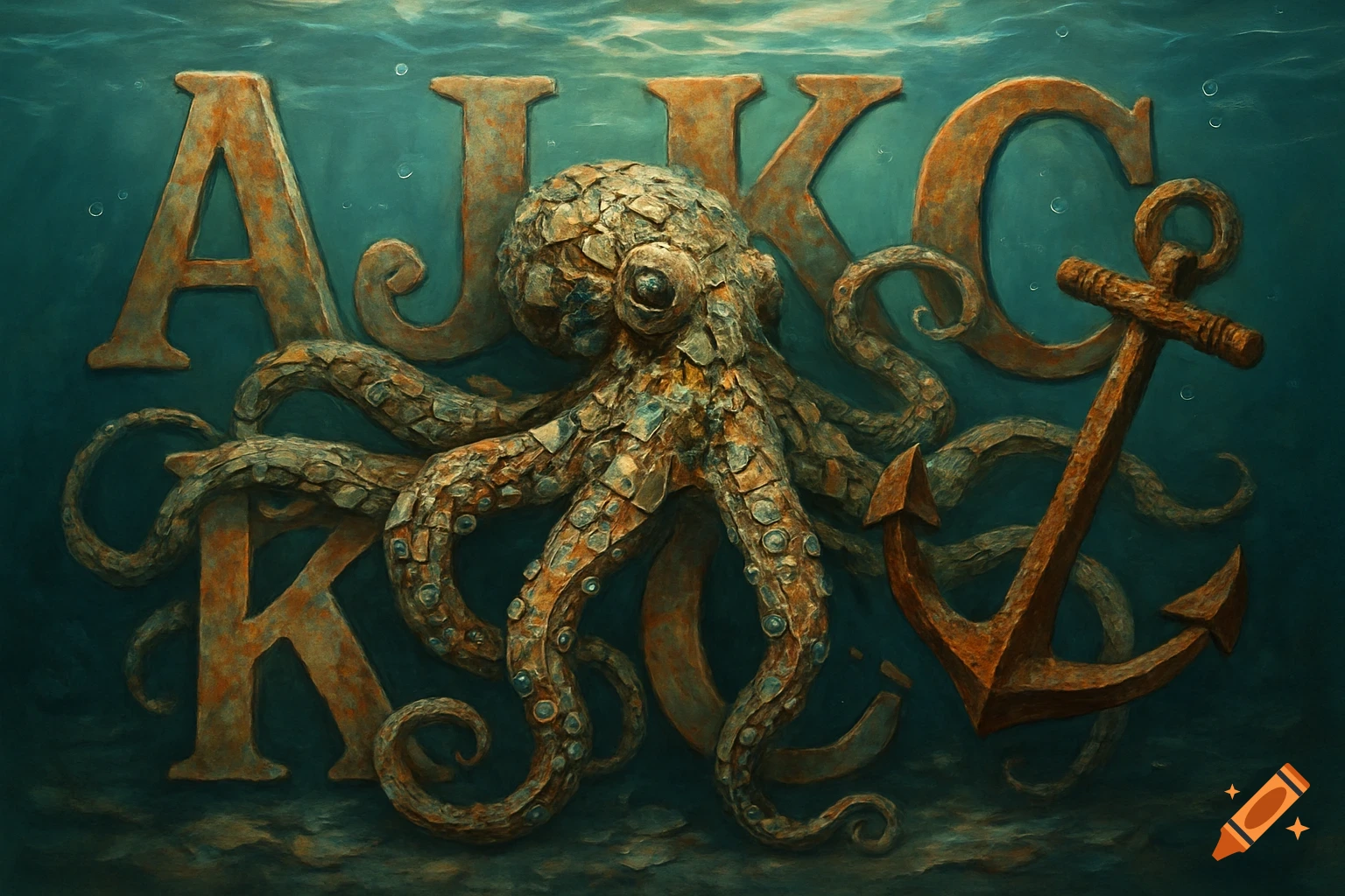 Artistic illustration of a textured octopus made of trash, entwined with large letters A, J, K, C, and an anchor, all underwater.