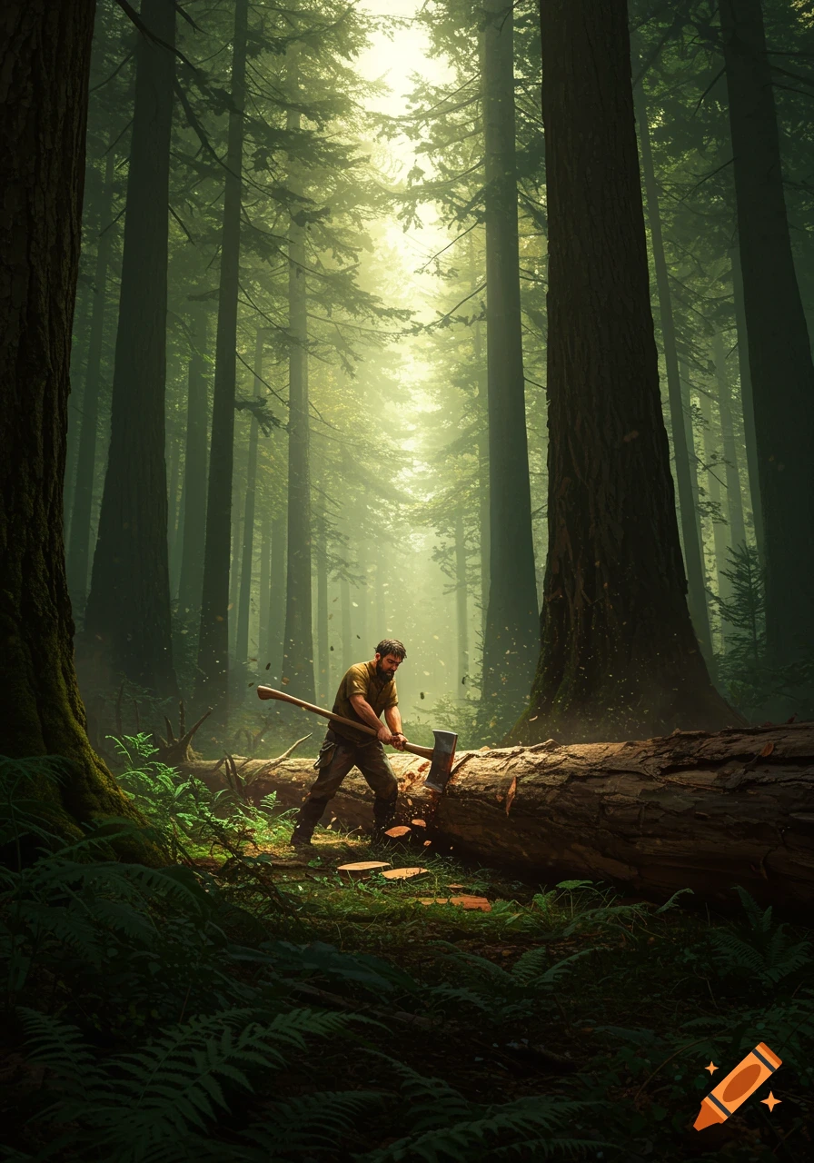 A bearded man chops a large fallen log with an axe in a sunlit, misty forest, with wood chips flying.