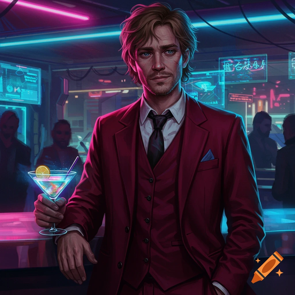 A young man with dark blonde hair in a red suit stands at a neon-lit cyberpunk bar, holding a glowing cocktail.