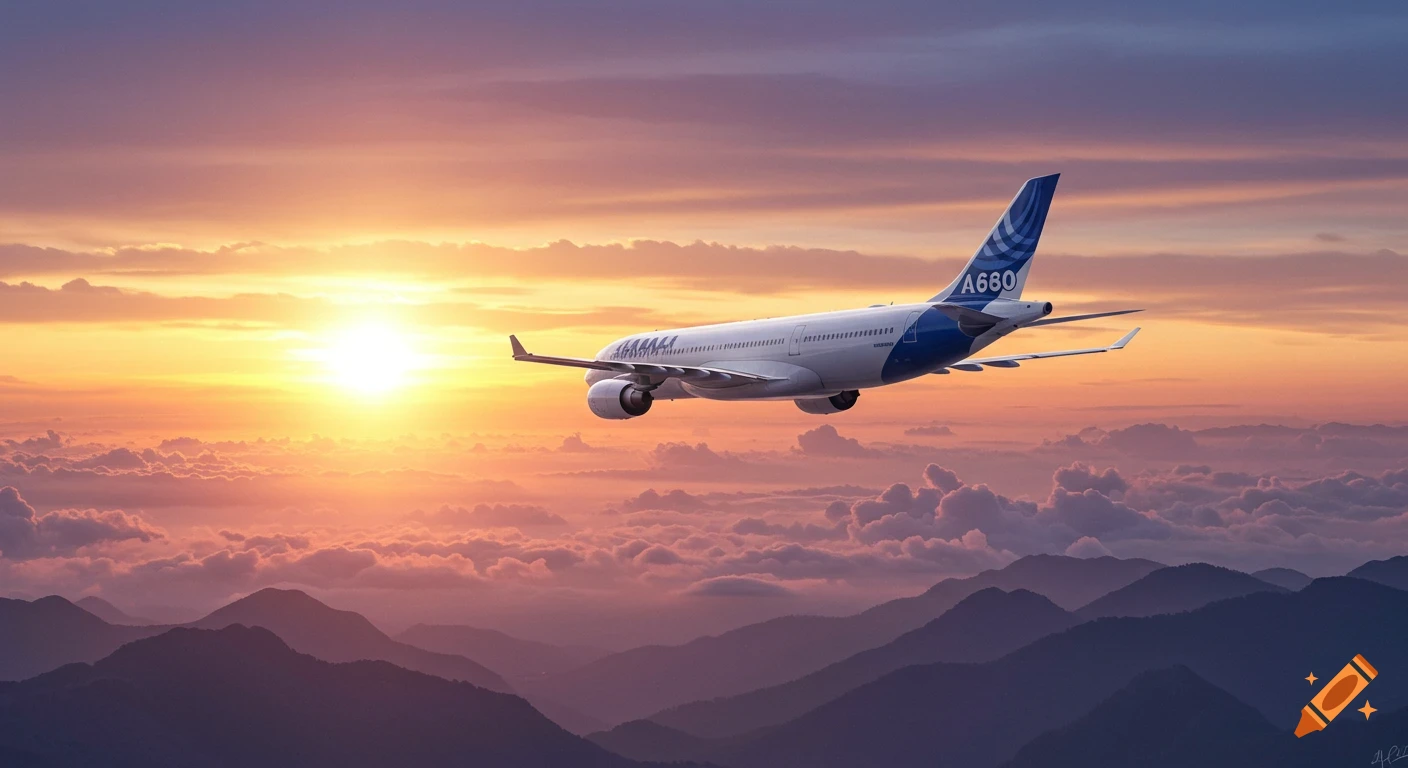 A white and blue airplane flies above clouds and mountains during a vibrant sunset.