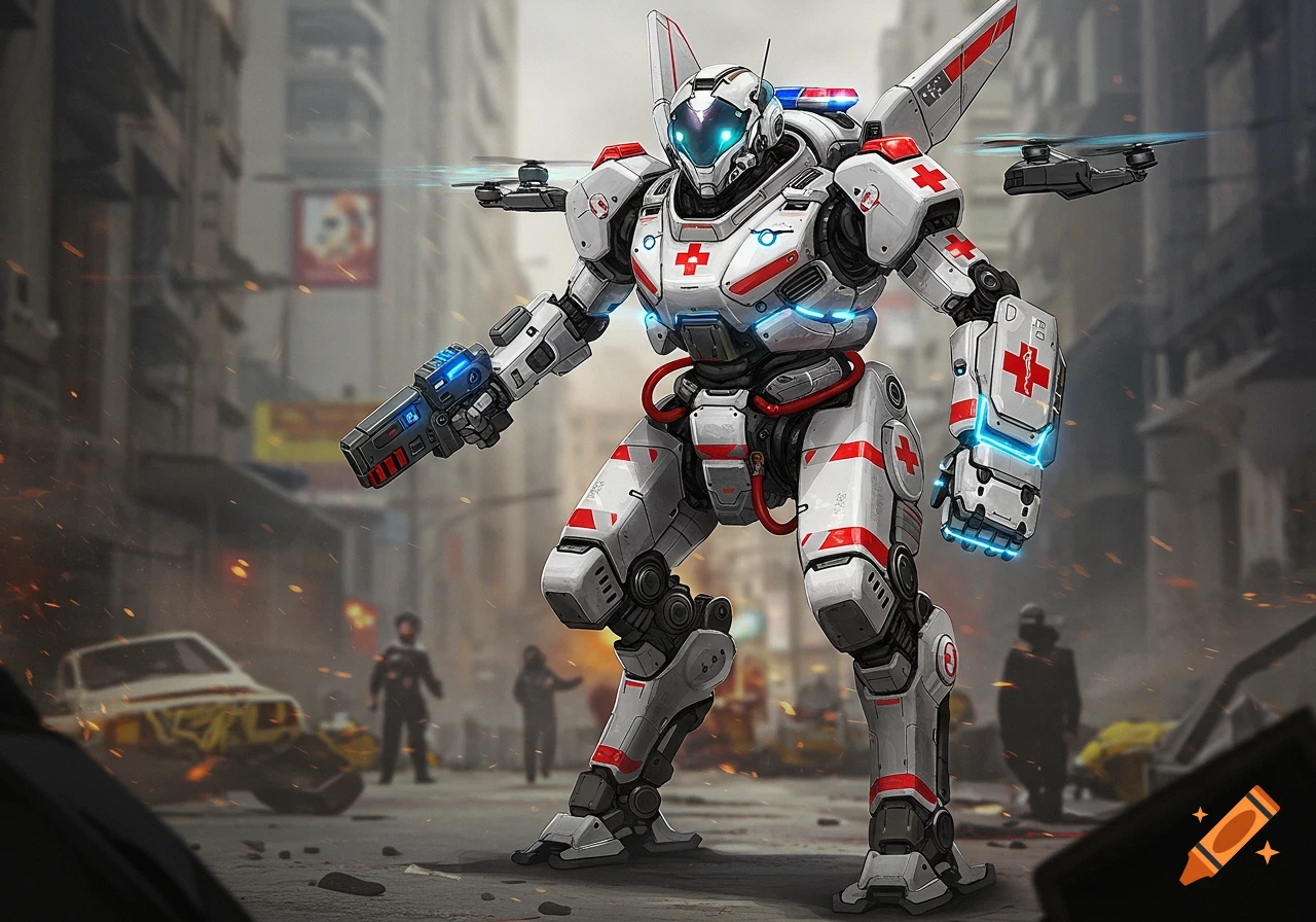 A futuristic white and red medical mech, 'Medic Vanguard', stands in a war-torn urban street, holding a pulse cannon.