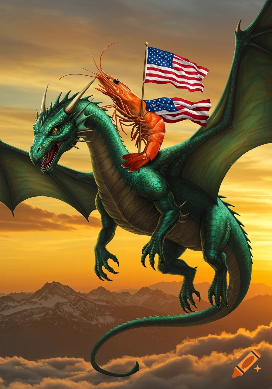 A green dragon flies through a sunset sky with a large red shrimp holding two American flags on its back over mountains and clouds.