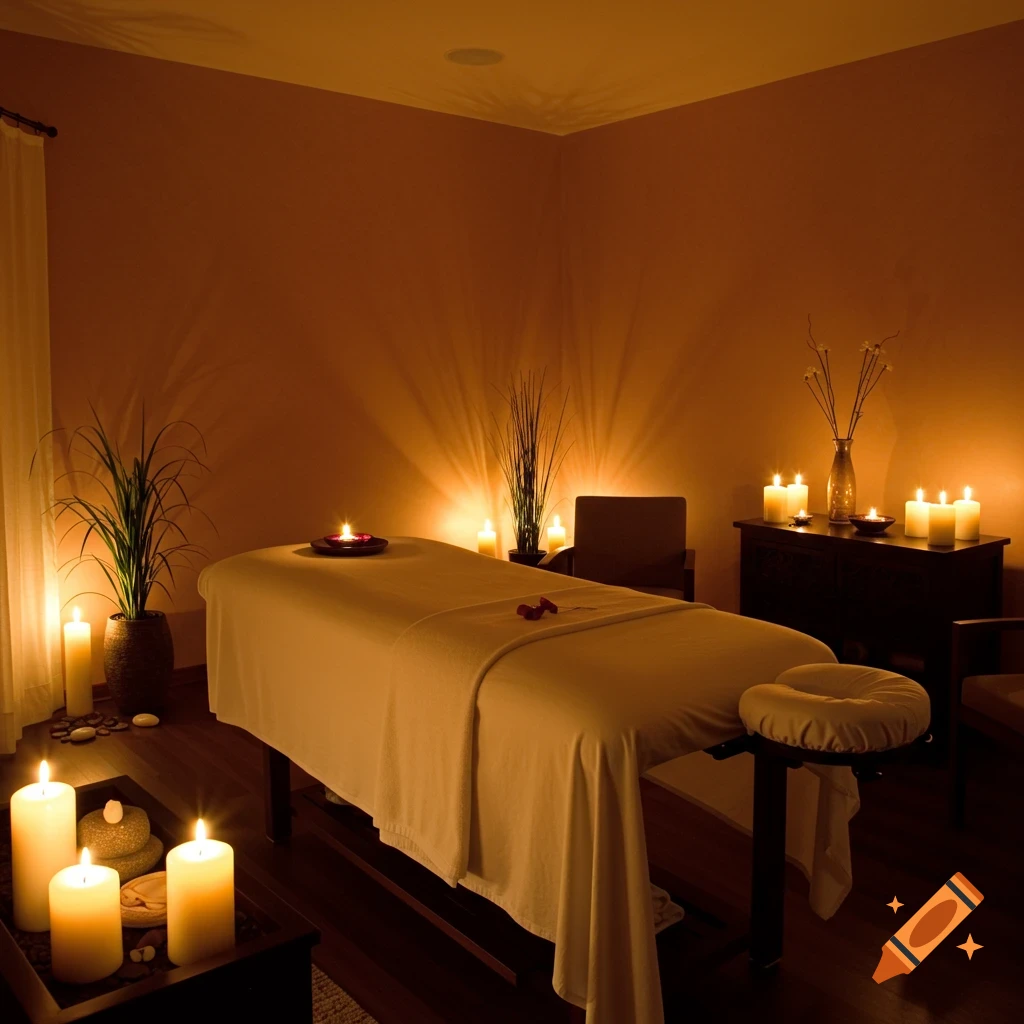 A dimly lit, warm-toned spa room with a massage table, white linens, and several lit candles.