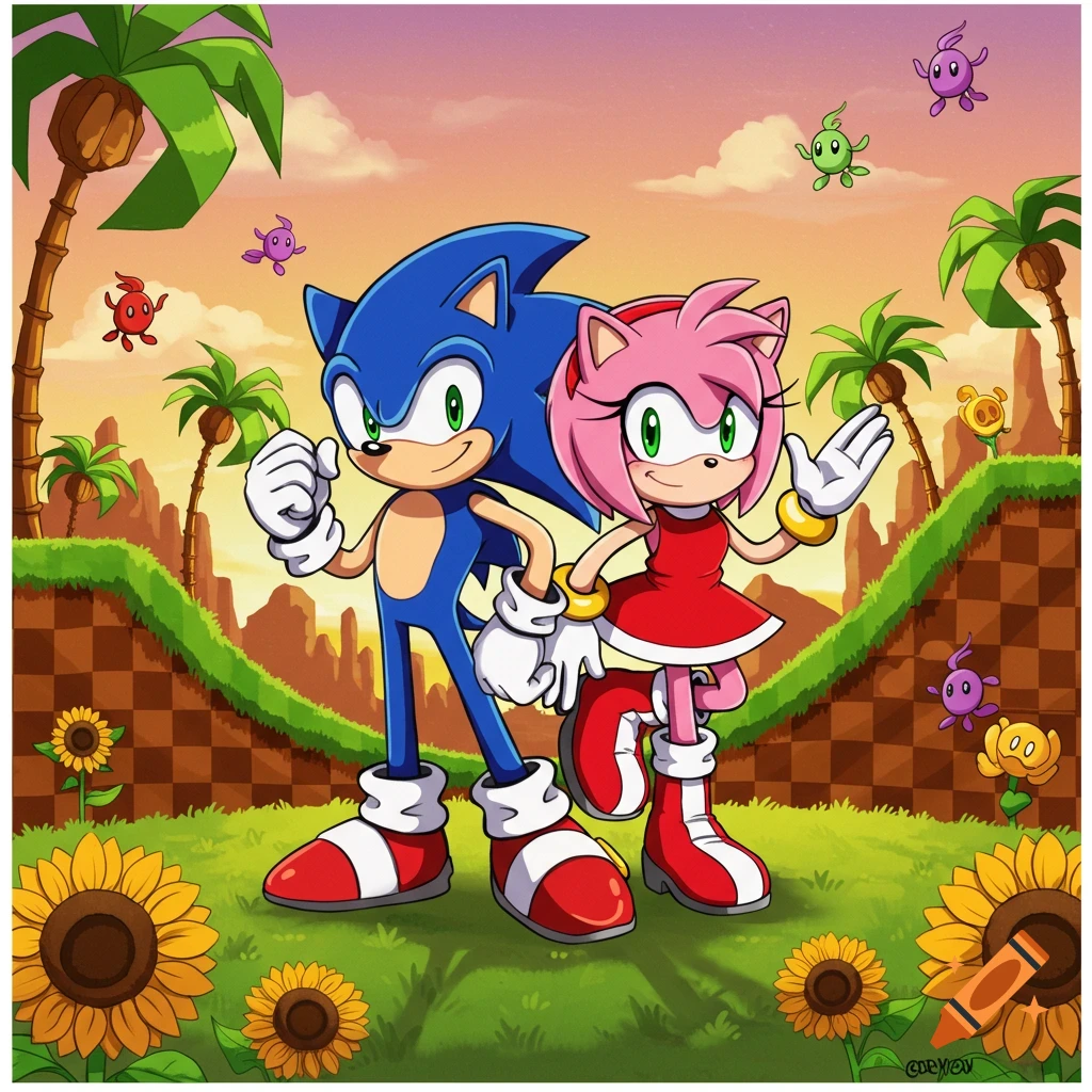 Sonic the Hedgehog and Amy Rose stand smiling in a colorful cartoon landscape with green hills, palm trees, and sunflowers.