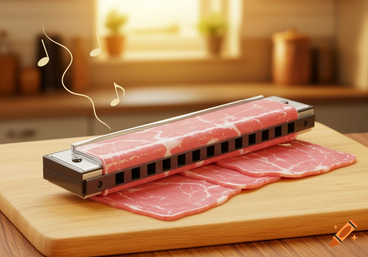 A photorealistic image of a harmonica made of raw ham slices, on a wooden cutting board, with musical notes floating above it in a kitchen.