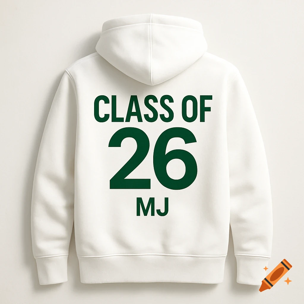 Back view of a white hoodie with 'CLASS OF 26 MJ' printed in green text.