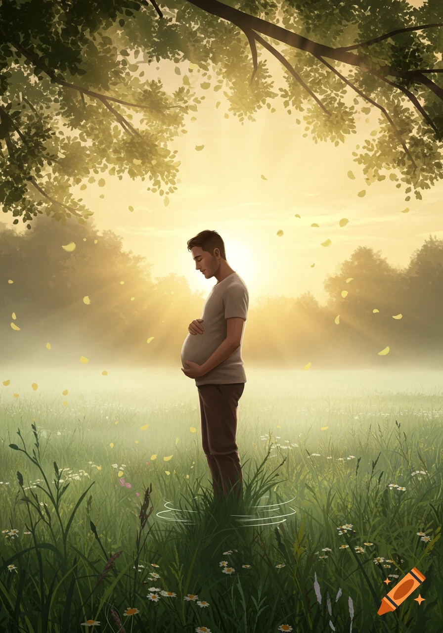 An illustrated man with a pregnant belly stands in a sunlit, misty meadow under a tree, with leaves falling.